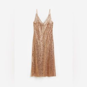V-neck bodycon slip dress - Gold/beige sequins (size L)